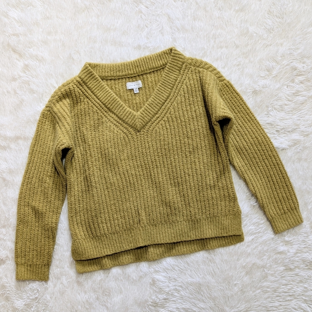 Lucky Brand Fuzzy Knit Yellow-Green V Neck Oversized Sweater Size Small